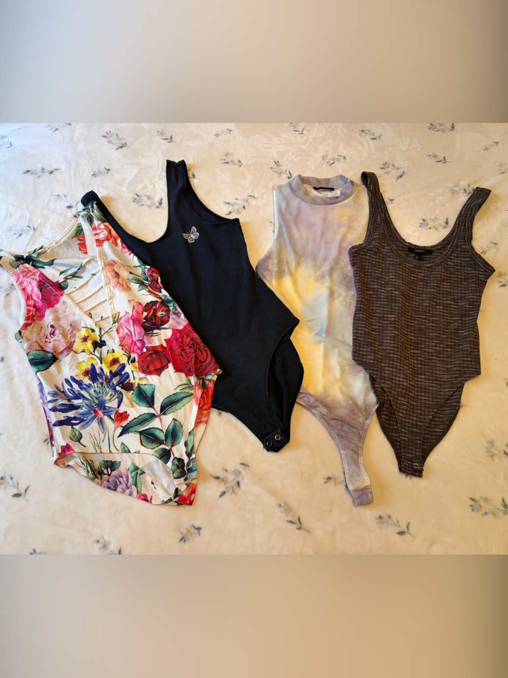 Assorted Women's Bodysuit Bundle - Floral, Dark Gray, Gray/white, Tie-Dye